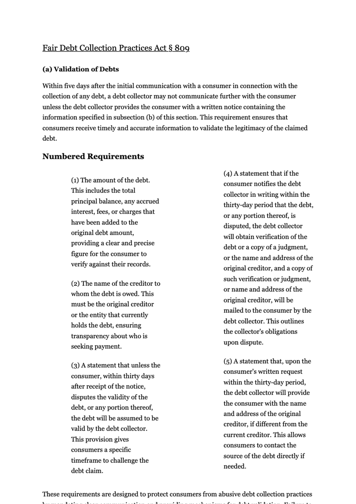 Legal statute text on debt validation requirements under Section 809_variant_3